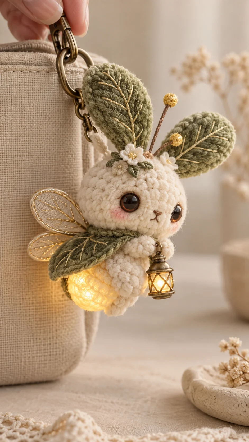 Cream crochet firefly fairy bag charm with green leaf ears, sheer wings and a tiny glowing lantern