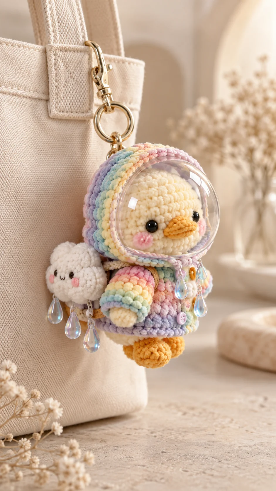 Crochet duck bag charm wearing a pastel rainbow raincoat with clear hood, with a small cloud charm and raindrop beads