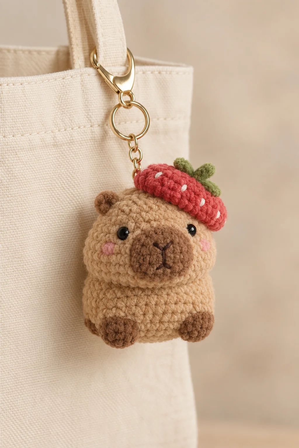 Tan crochet capybara bag charm with pink cheeks wearing a strawberry-shaped beret, clipped to a canvas tote