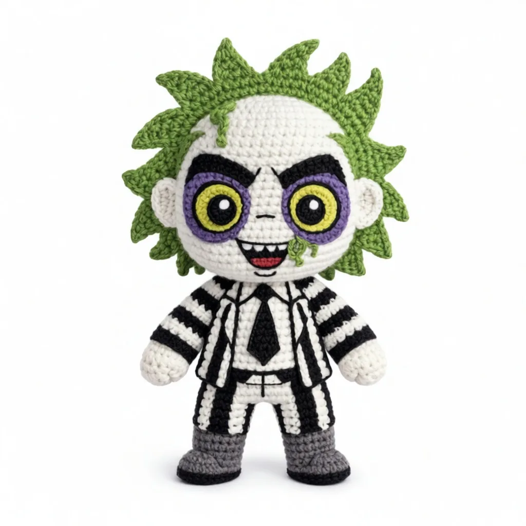 Crochet Beetlejuice doll with green spiky hair and black and white striped suit - Halloween amigurumi