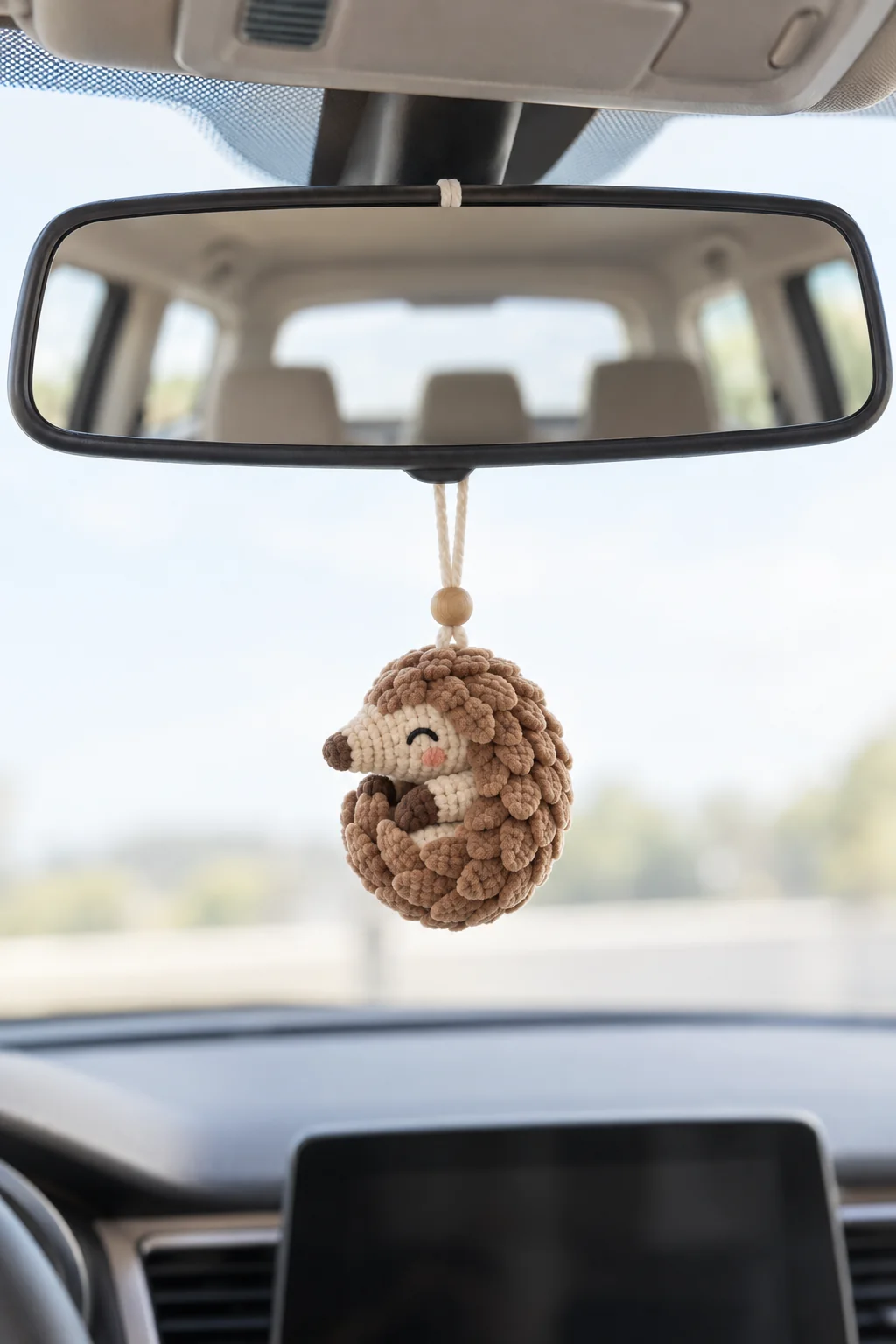 Brown crochet hedgehog plush charm curled up sleeping, hanging from a car rearview mirror