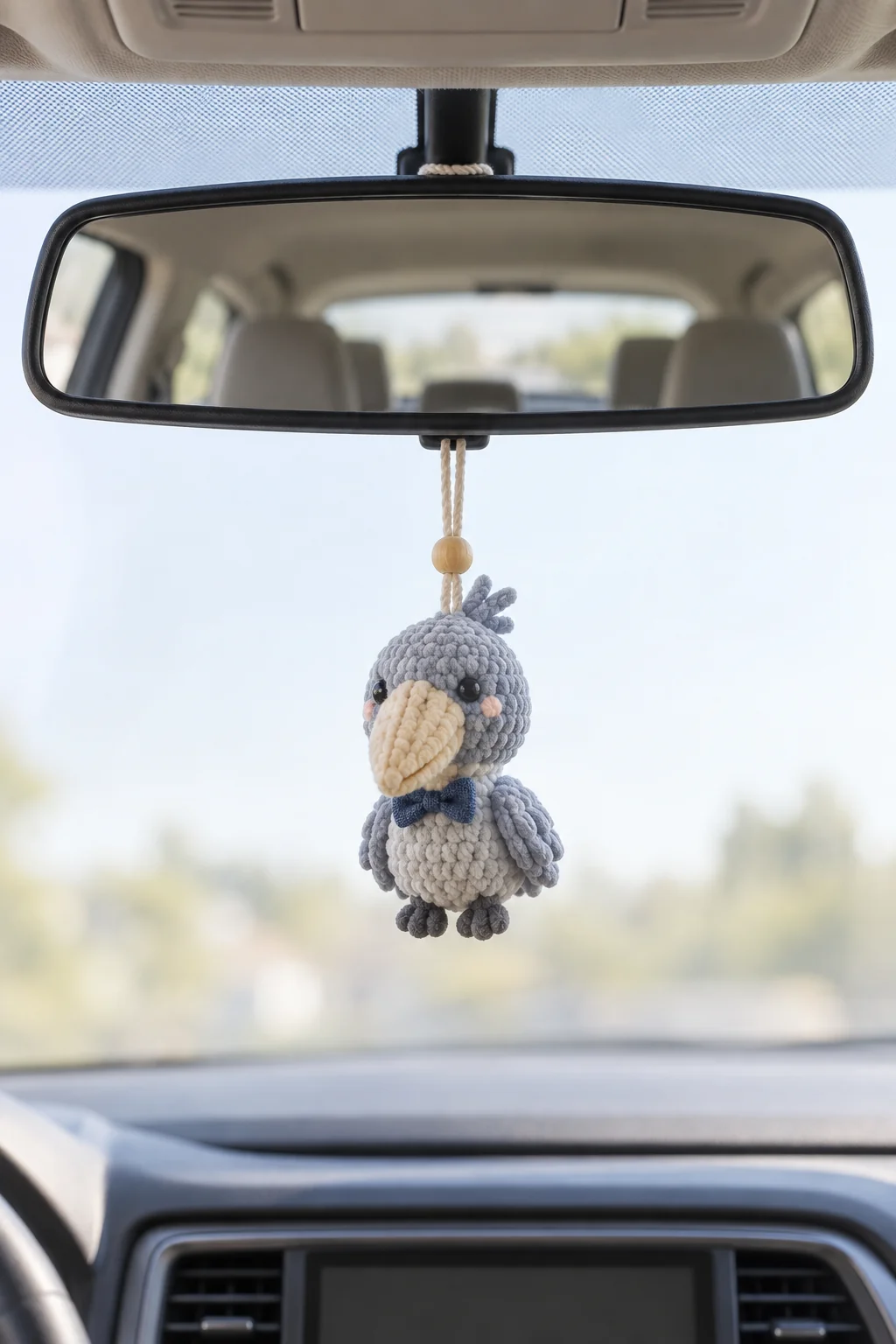 Grey crochet bird plush charm with cream beak and navy blue bow tie hanging from rearview mirror