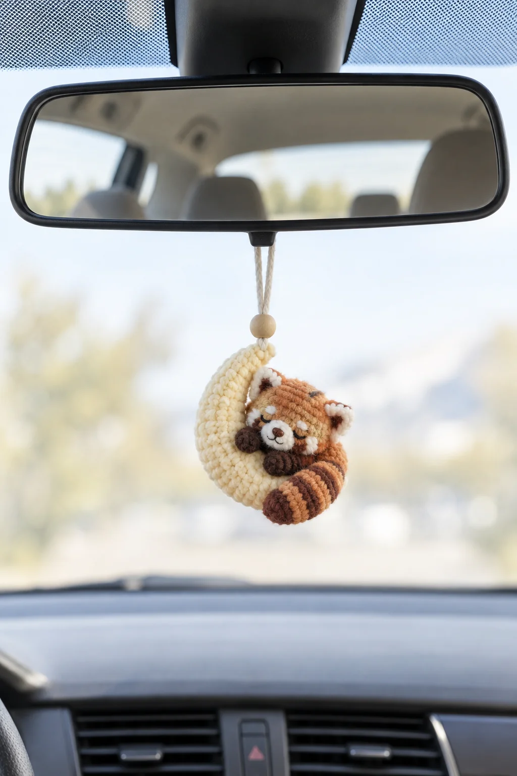Crochet red panda sleeping on a cream crescent moon charm hanging from a car rearview mirror
