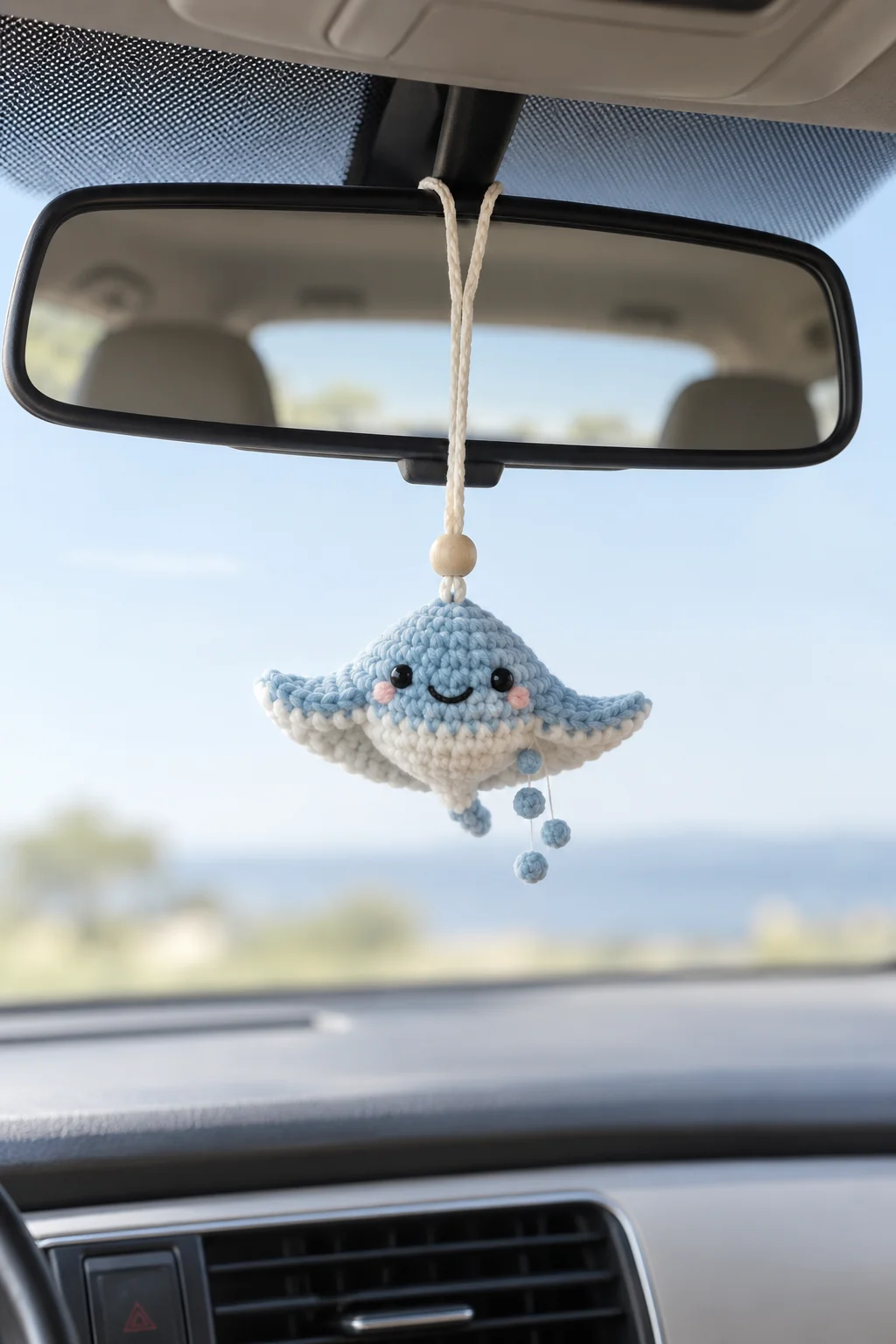 Light blue crochet stingray plush charm with smiling face and hanging bead drops on a car mirror