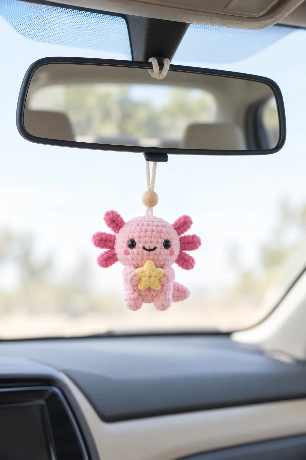 Pink crochet axolotl plush charm holding a yellow star, hanging from a car mirror