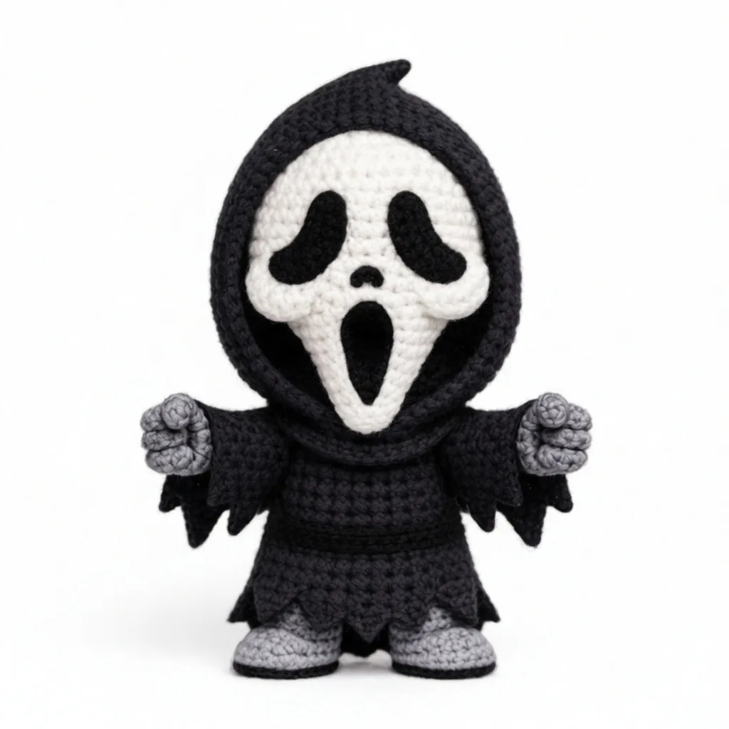 Crochet Ghostface Scream doll in black hooded robe with iconic white mask - horror Halloween amigurumi