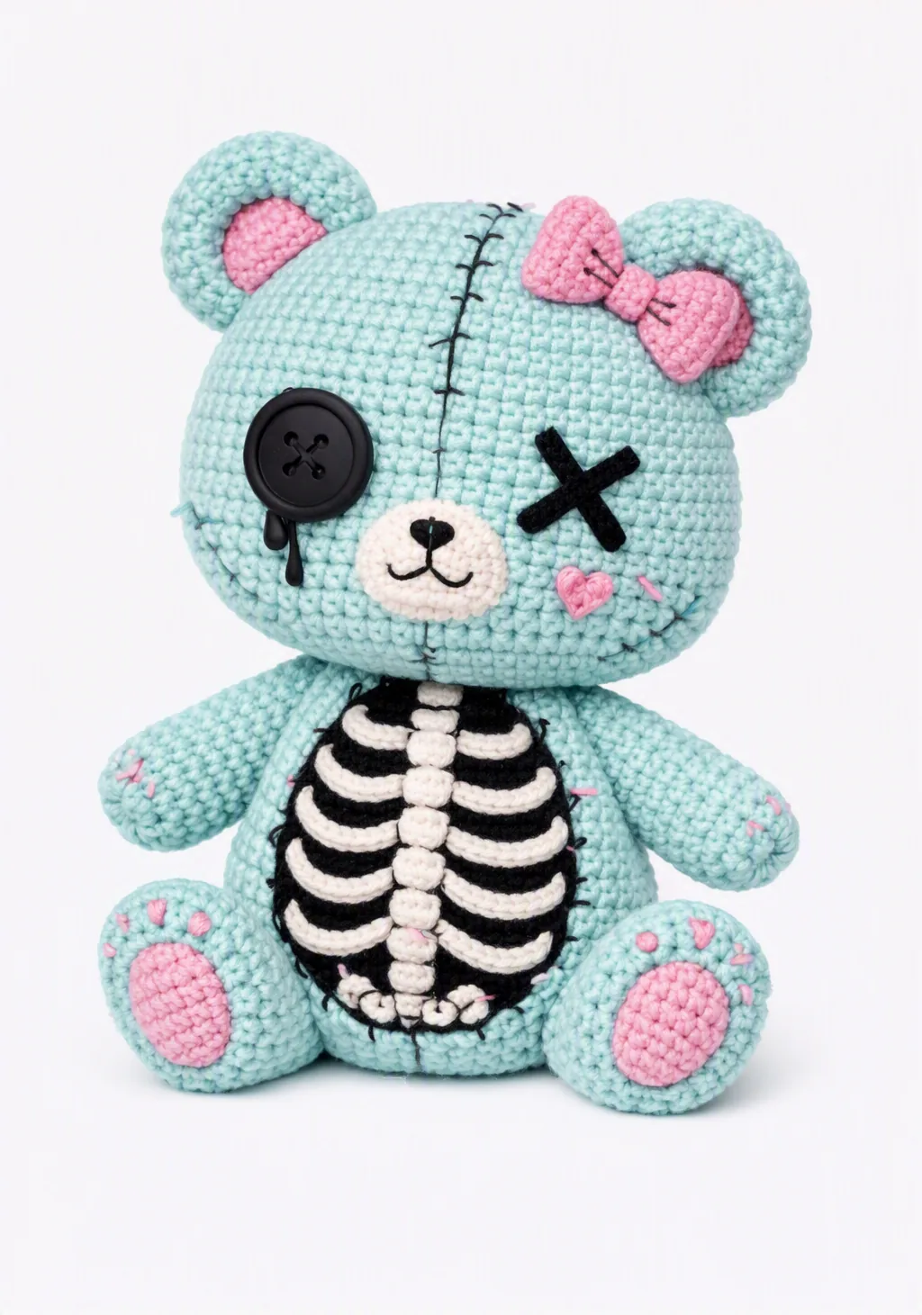 Crochet skeleton teddy bear in mint blue with pink bow, button eye and ribcage detail - cute spooky Halloween amigurumi