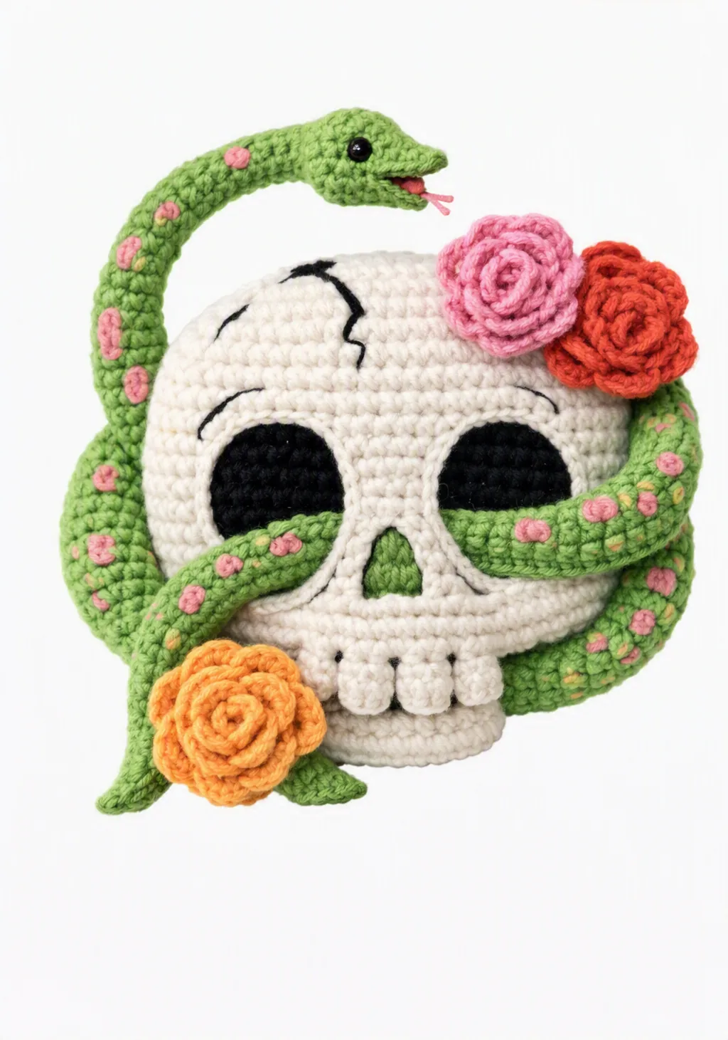 Crochet skull with green snake and roses - Day of the Dead inspired Halloween amigurumi decoration