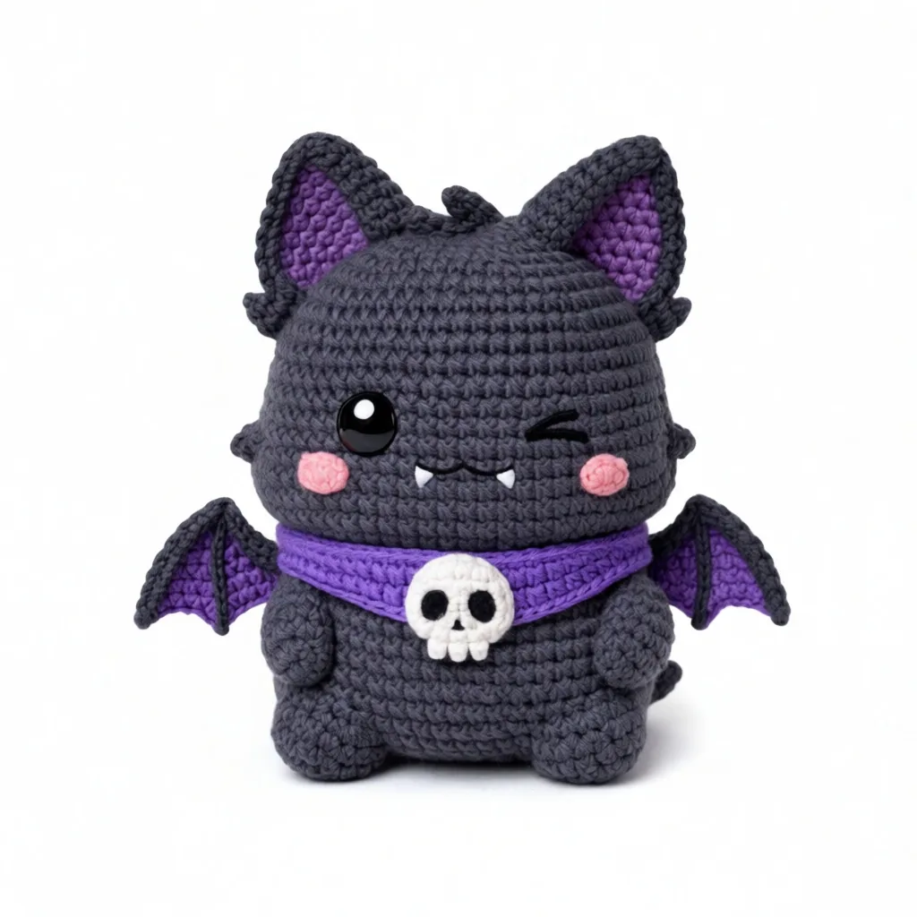 Crochet vampire bat cat with purple wings, skull scarf and tiny fangs - kawaii Halloween amigurumi