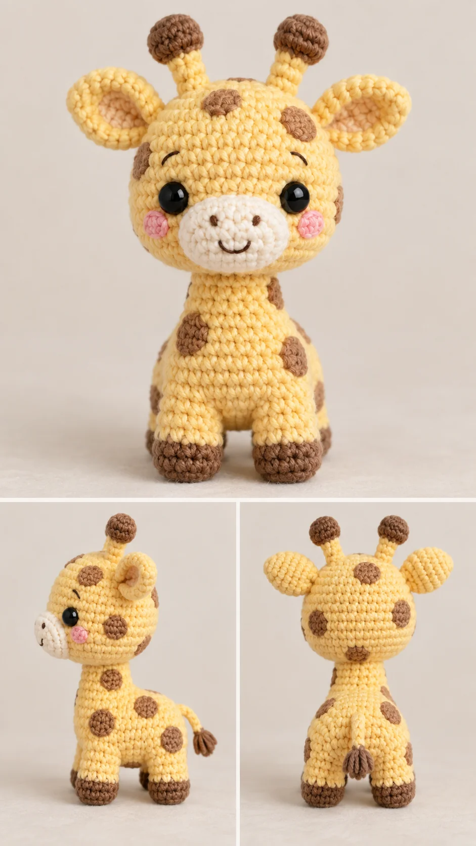 Yellow crochet baby giraffe amigurumi with brown spots, ossicones and pink cheeks