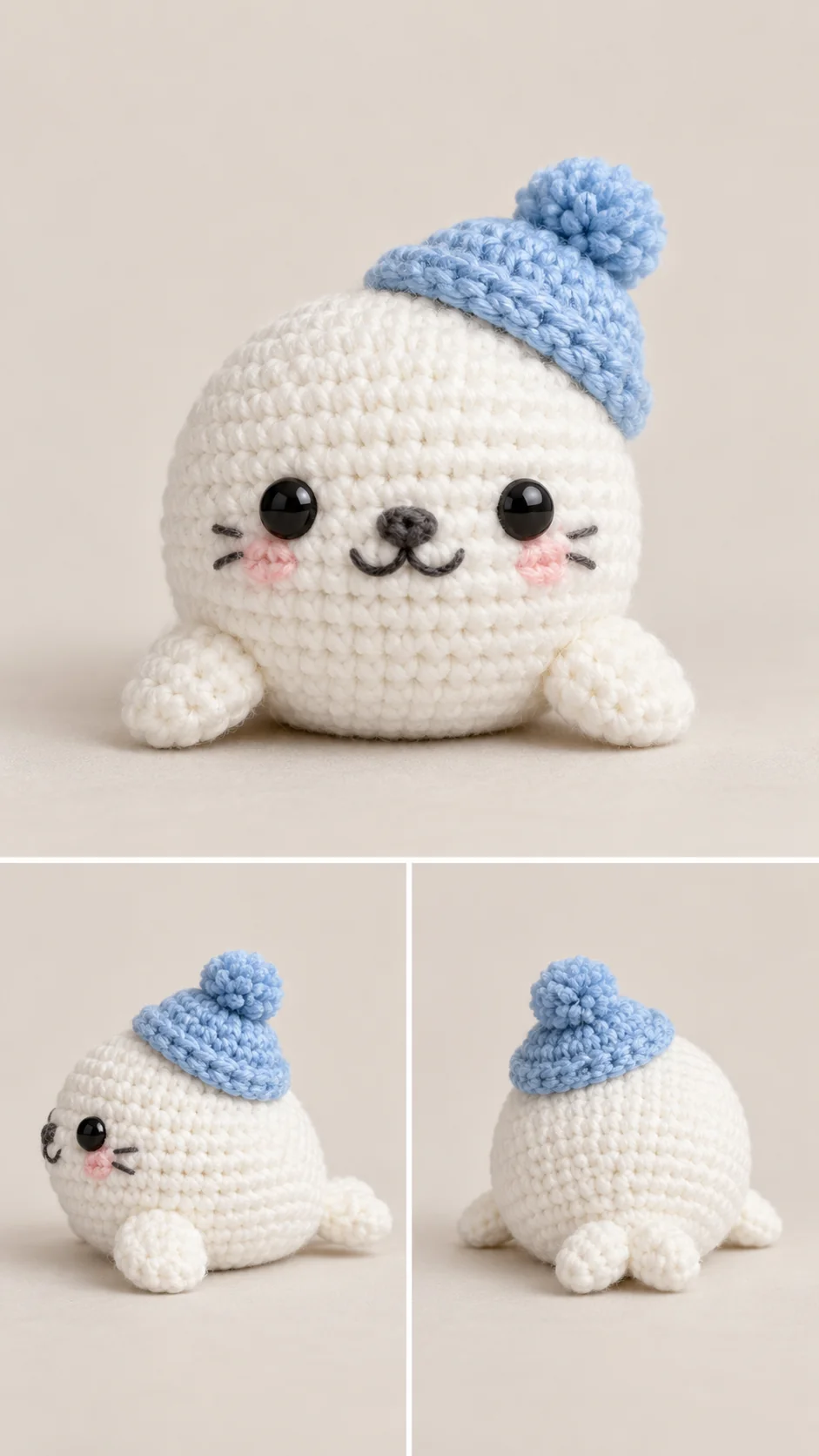 White crochet baby seal amigurumi with pink cheeks wearing a blue knit beanie with pom-pom