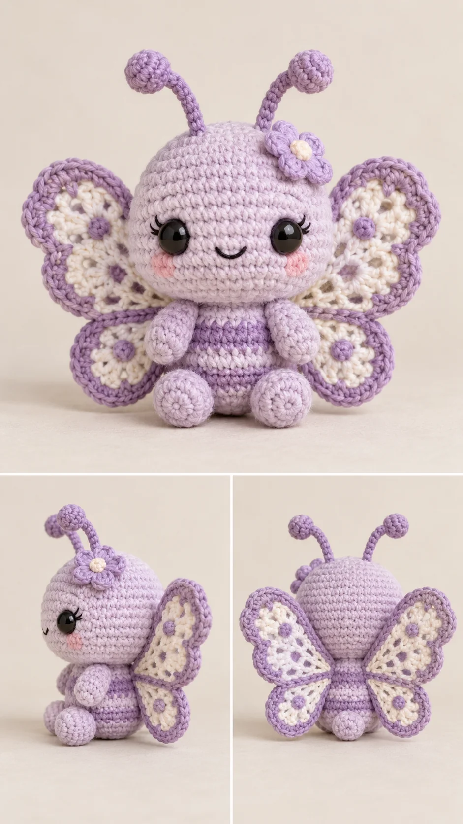 Lavender crochet butterfly amigurumi with lacy openwork wings, lashes and a purple flower