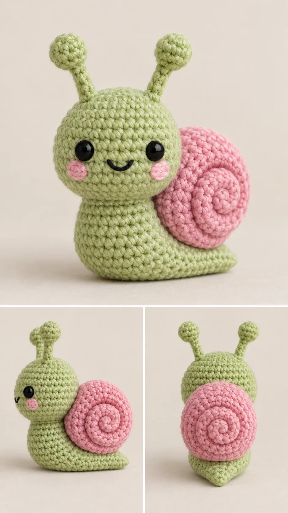 Green crochet snail amigurumi with smiling face and large pink spiral shell