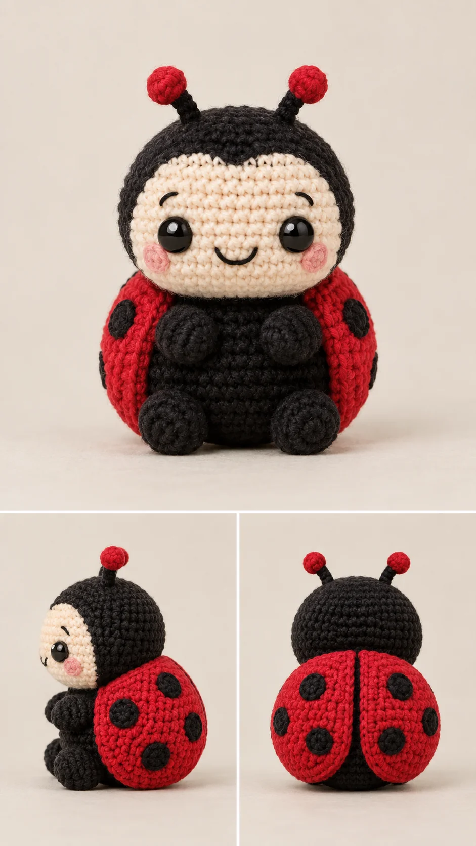 Crochet ladybug amigurumi with cream face, black body and red spotted wing covers