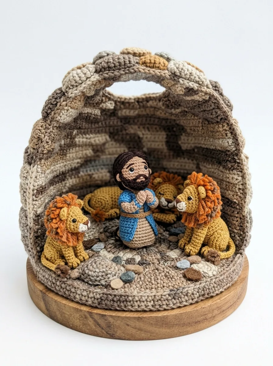 Crochet Daniel in the lions den miniature - Bible story amigurumi scene