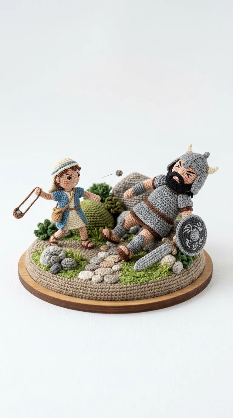 Crochet David defeating Goliath diorama - Bible story amigurumi scene
