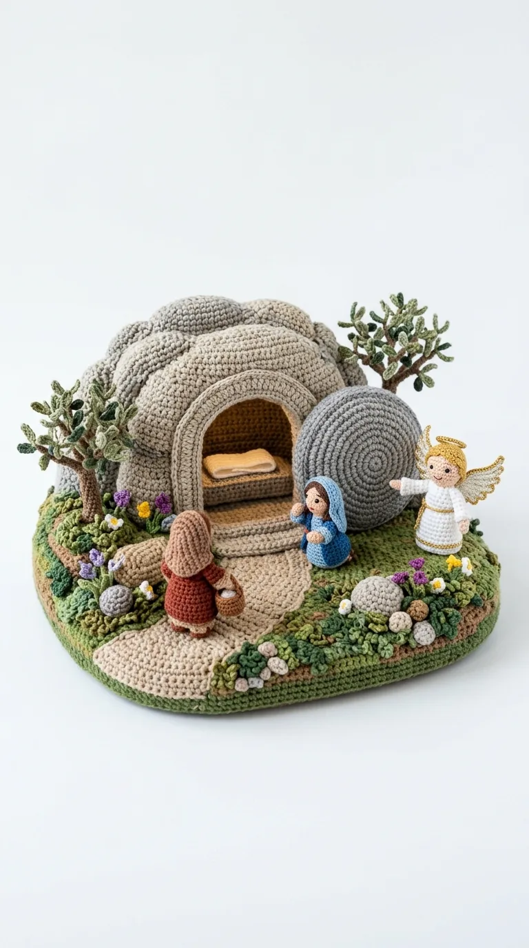 Crochet empty tomb resurrection diorama with rolled stone - Easter amigurumi scene
