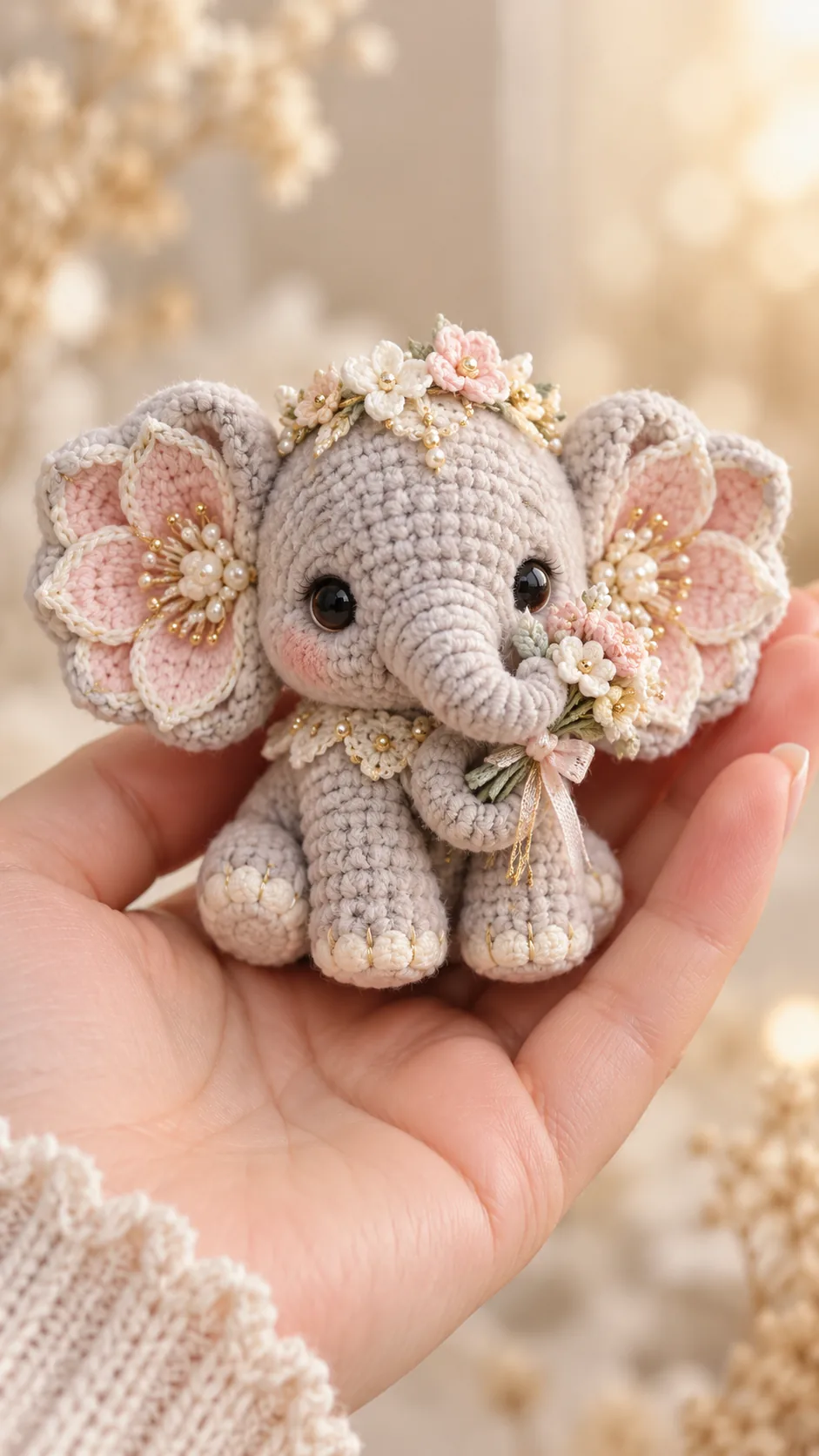 Grey crochet baby elephant amigurumi with floral patterned ears and a small flower crown