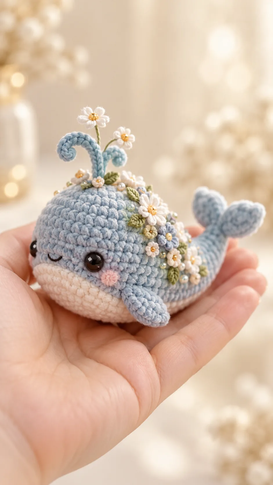 Light blue crochet whale amigurumi with tiny flowers growing along its back and a blossom water spout