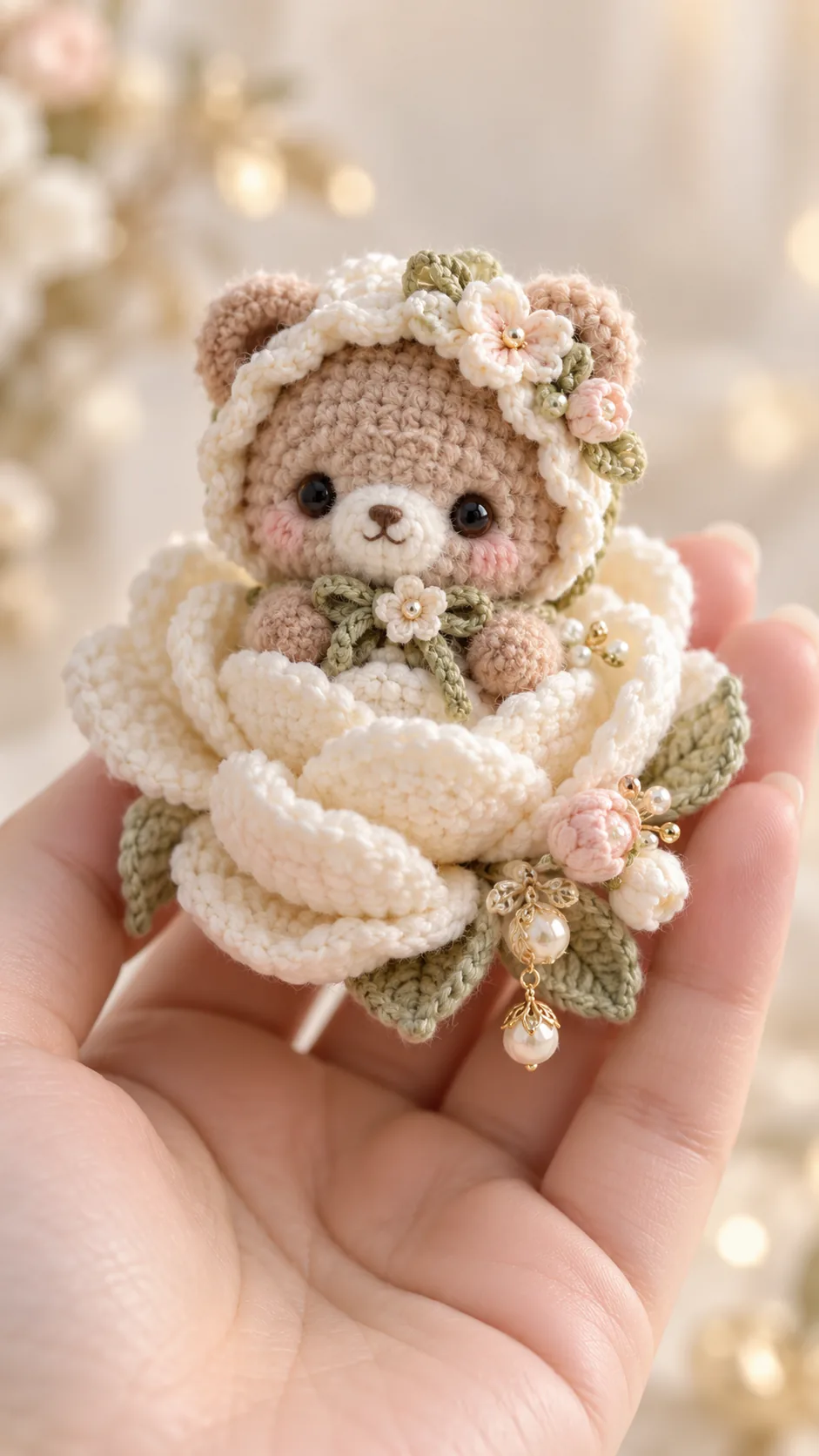 Crochet mini amigurumi of a tiny tan bear with floral crown sitting inside a cream rose