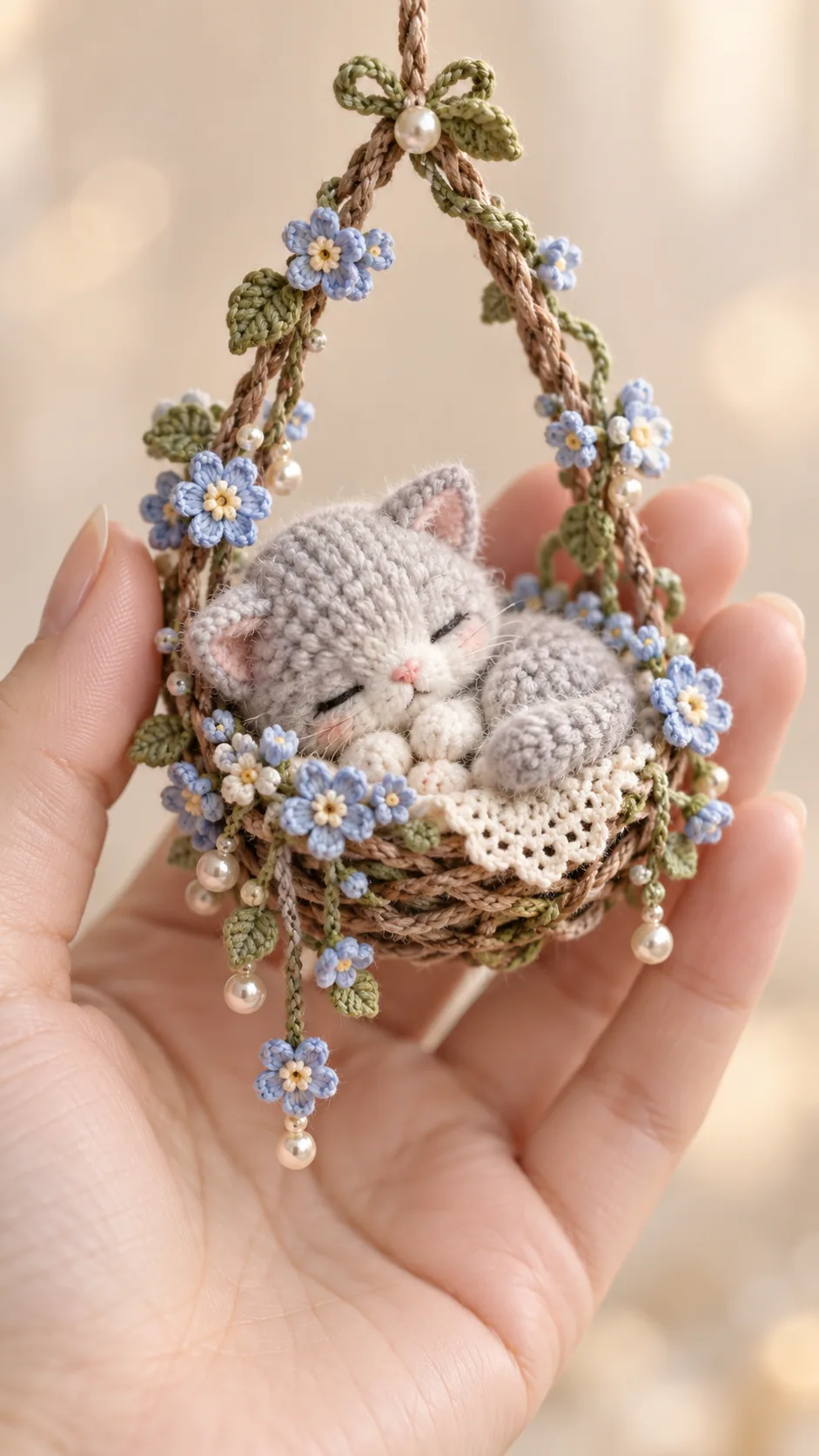Crochet grey kitten sleeping in a hanging swing decorated with small blue flowers and vines