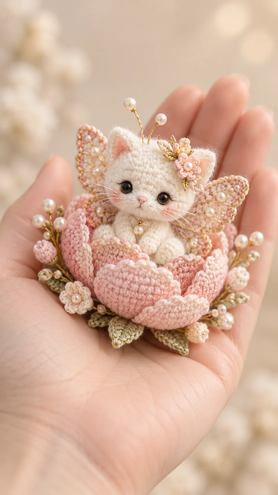 White crochet kitten sitting inside a pink tulip decorated with small pearls and gold leaves