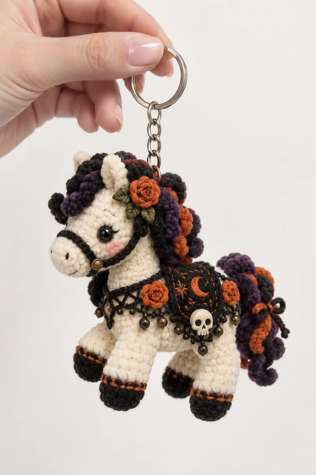 White gothic unicorn with roses and moon saddle crochet keychain