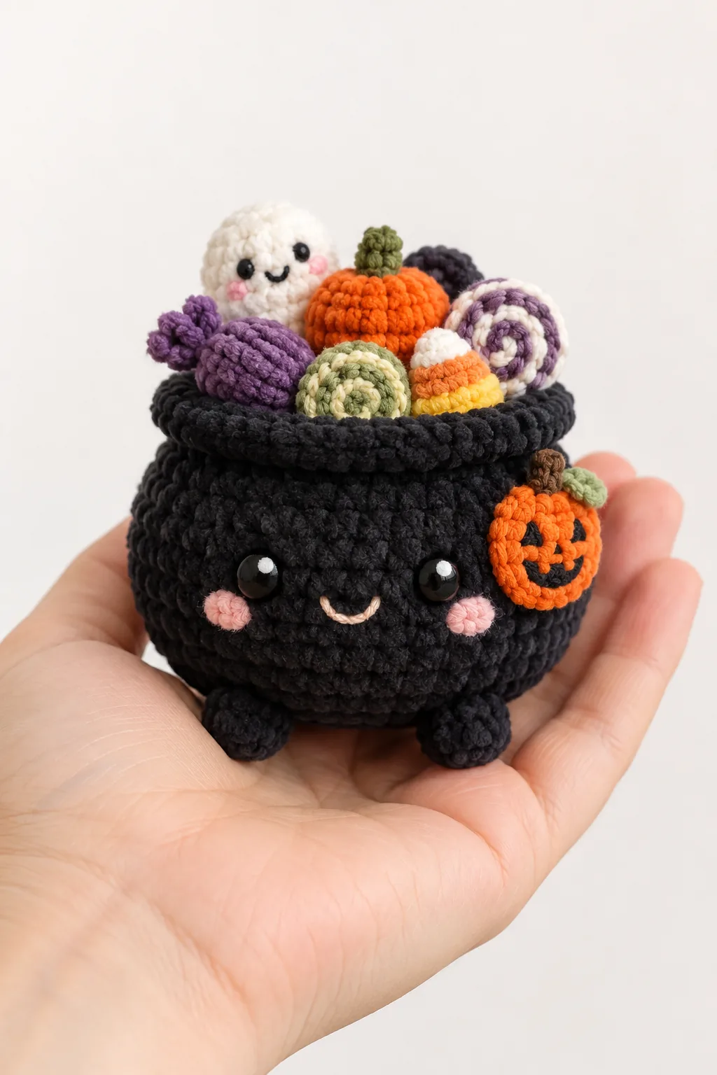 Kawaii black crochet cauldron filled with Halloween candy and a tiny ghost