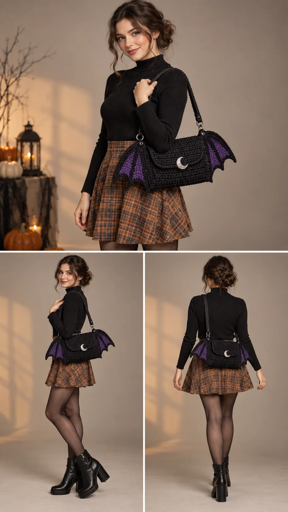 Black crochet bat bag with purple wings and crescent moon clasp, front and back views
