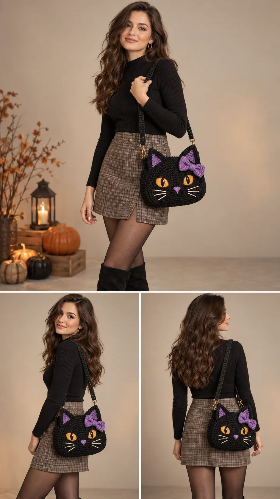 Black cat crochet bag with orange eyes, whiskers and a purple bow, three outfit angles