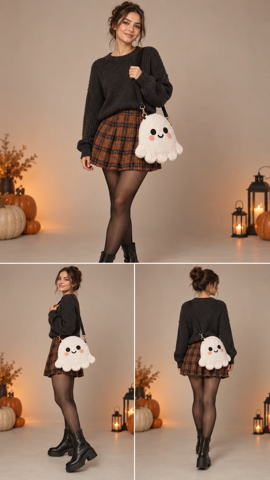 Cute white crochet ghost purse with smiling face and black strap, styled with a plaid skirt