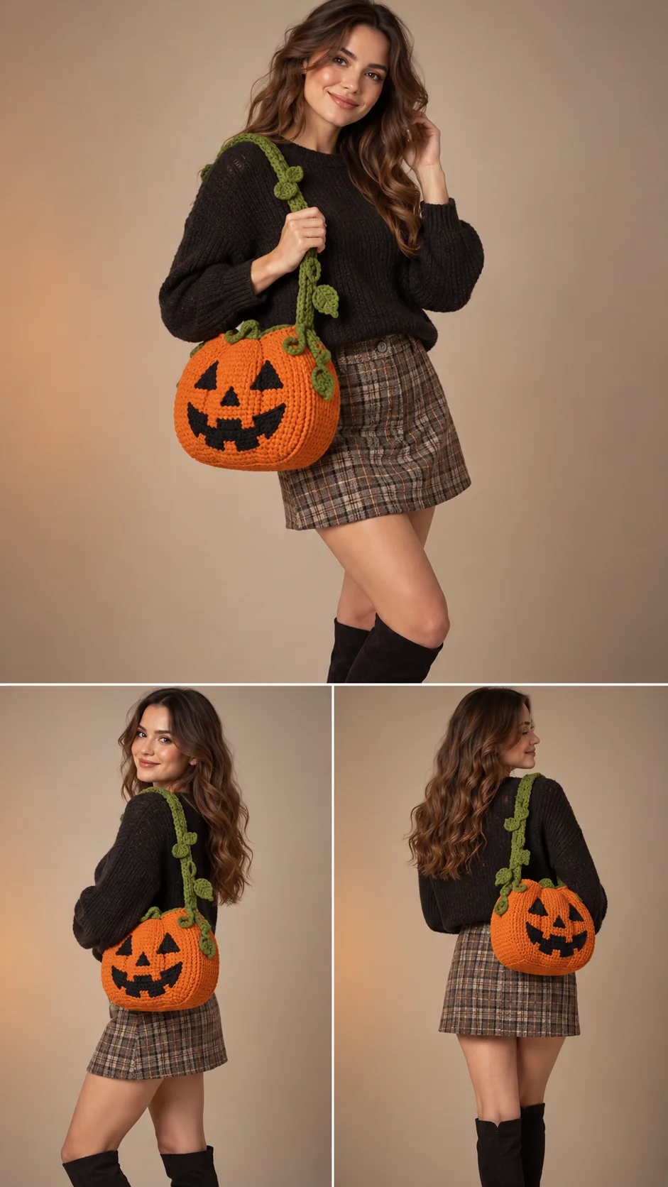 Crochet jack-o'-lantern pumpkin shoulder bag with leafy green vine strap, worn three ways