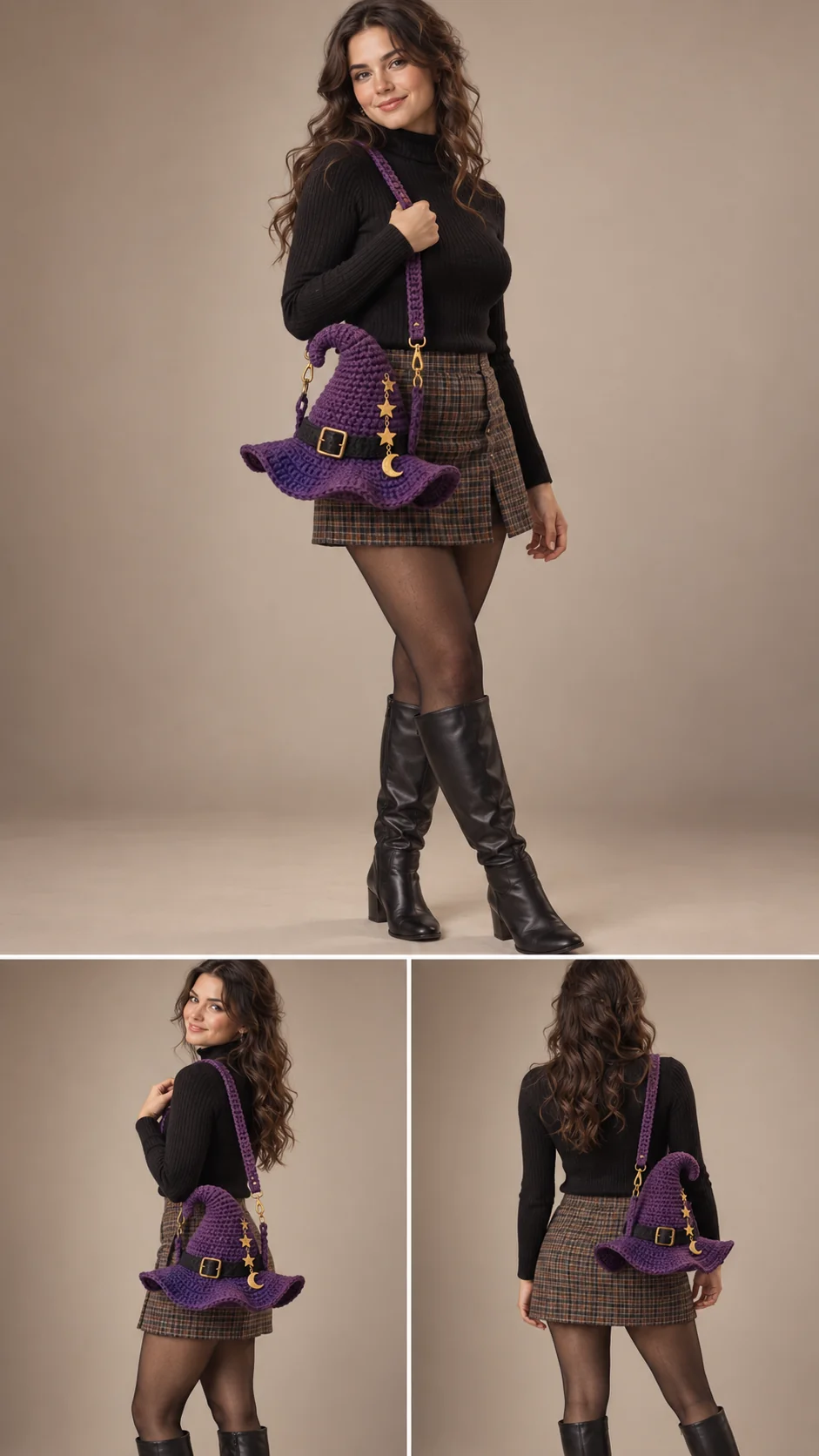Purple crochet witch hat bag with gold stars, moons and buckle charm on a matching strap