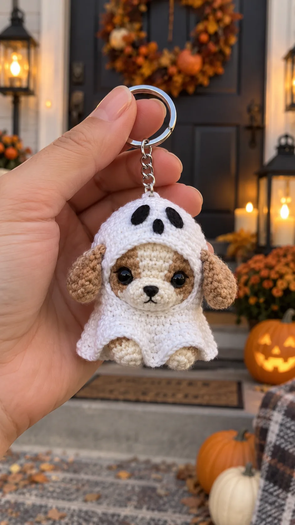 Crochet puppy keychain wearing a white ghost costume with black oval eyes on a porch with pumpkins
