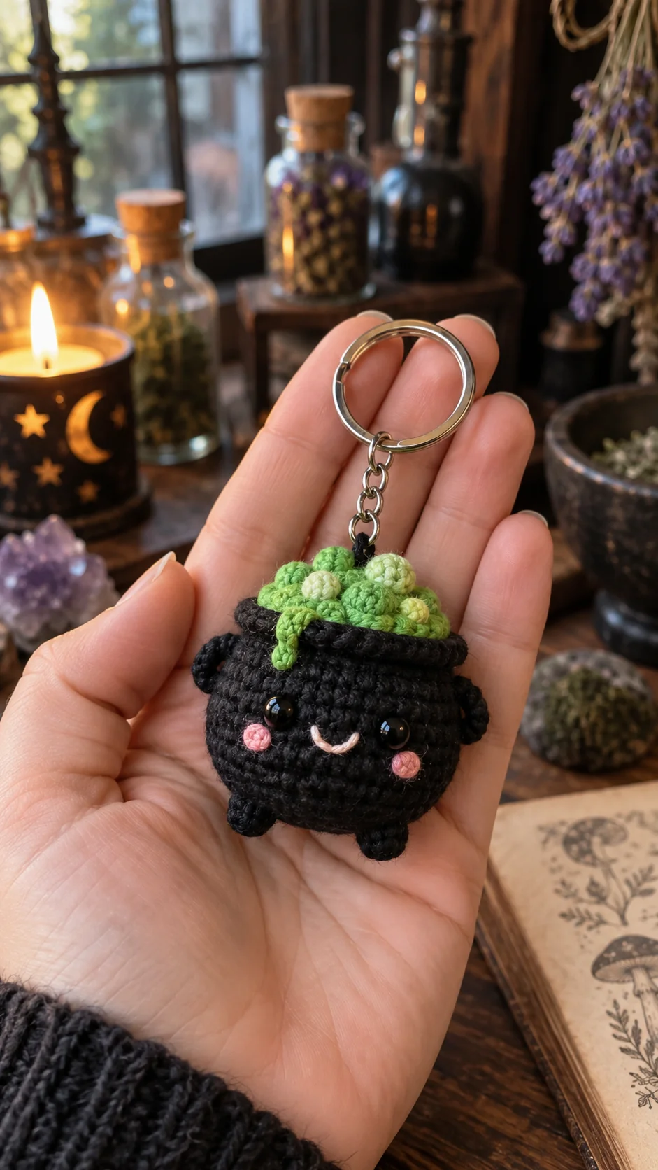 Black crochet cauldron keychain overflowing with bubbly green brew, smiling face with pink cheeks, witchy apothecary background