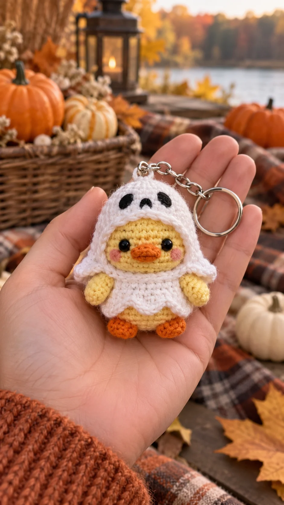 Yellow crochet duckling keychain wearing a white ghost costume with black eyes, autumn pumpkins and lake background