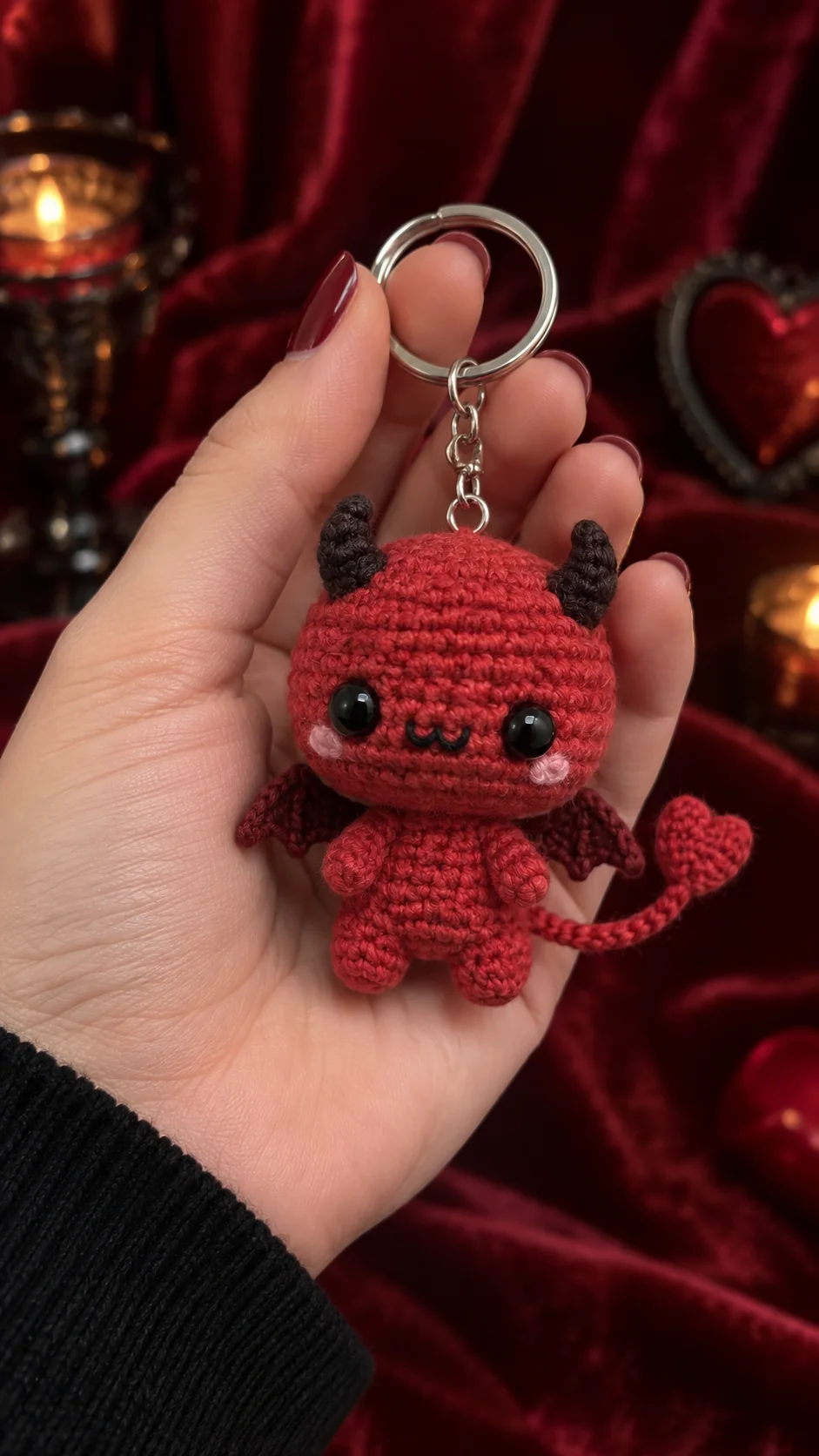 Red crochet devil keychain with black horns, bat wings, a heart-tipped tail and a silver keyring held in a hand against dark red velvet