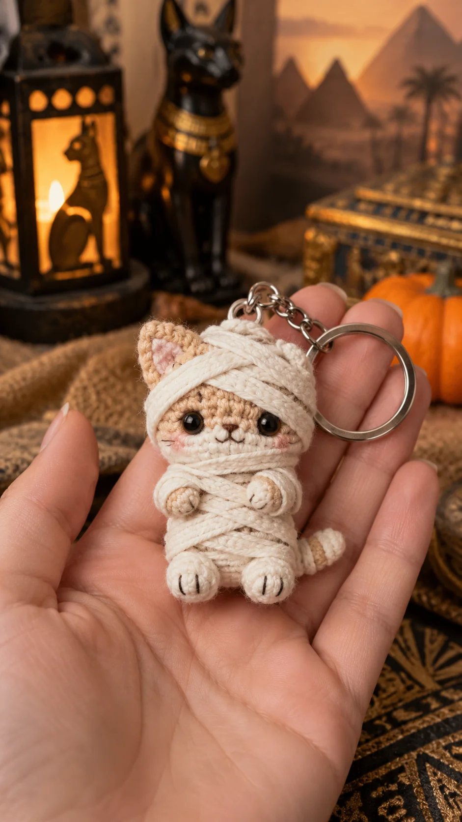 Cream crochet cat keychain wrapped in white mummy bandages with big dark eyes, Egyptian cat statue and pyramids background