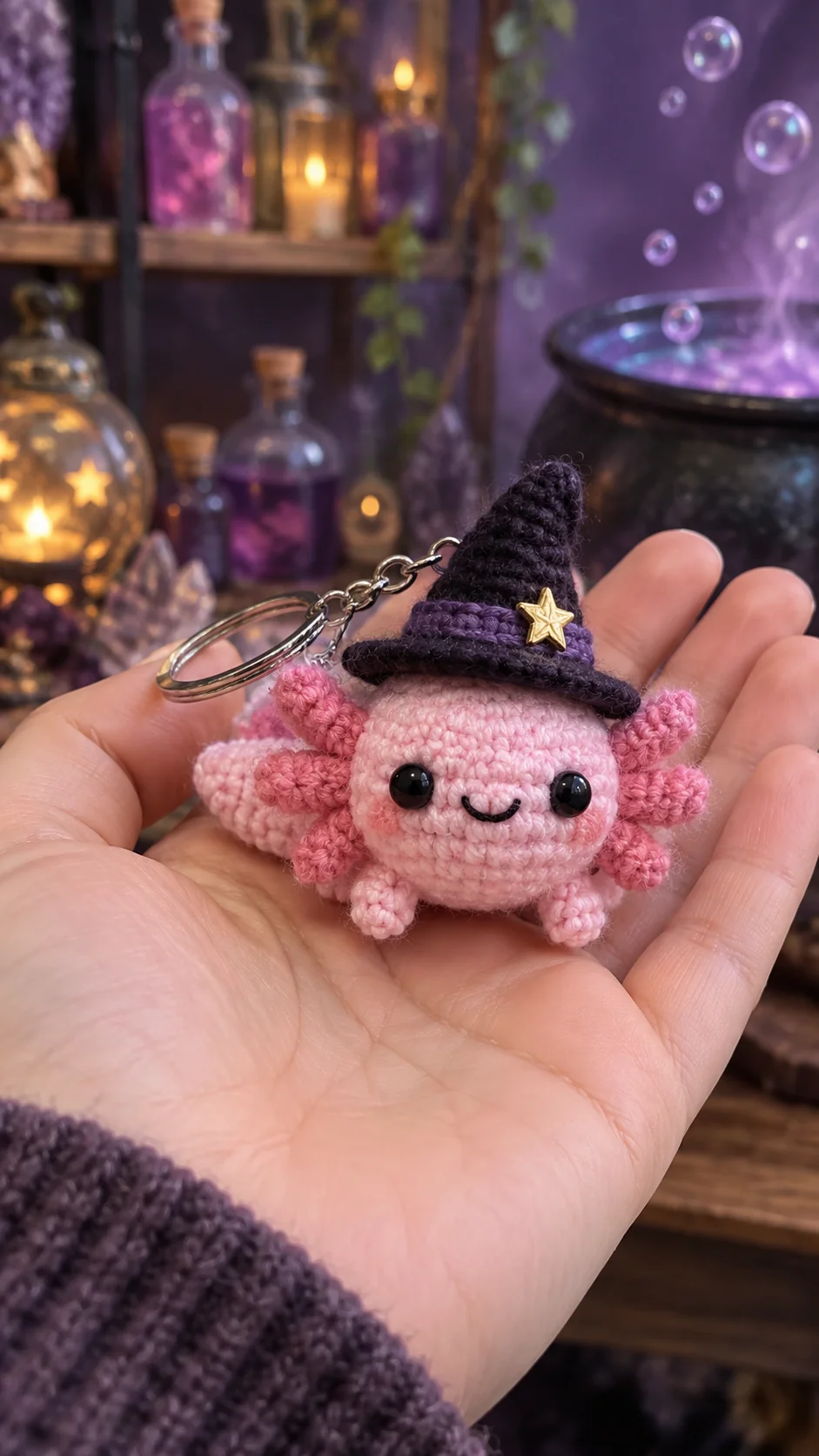 Pink crochet axolotl keychain wearing a black witch hat with a gold star, purple potion shop background with cauldron