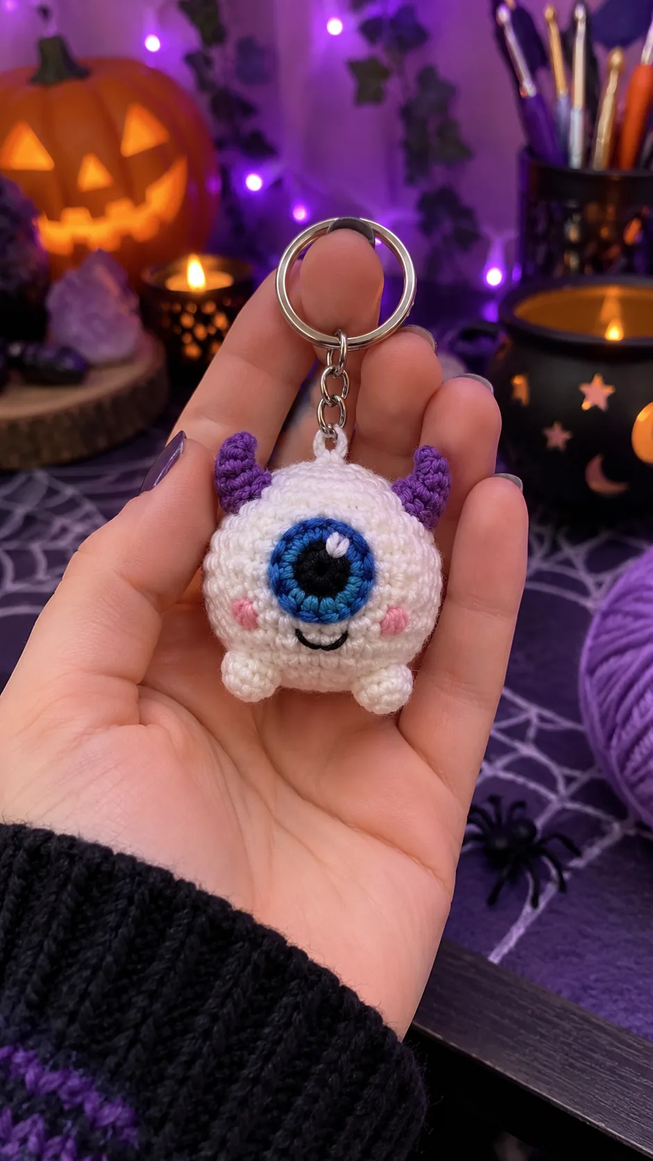White crochet monster keychain with one big blue eye, purple horns and a happy smile