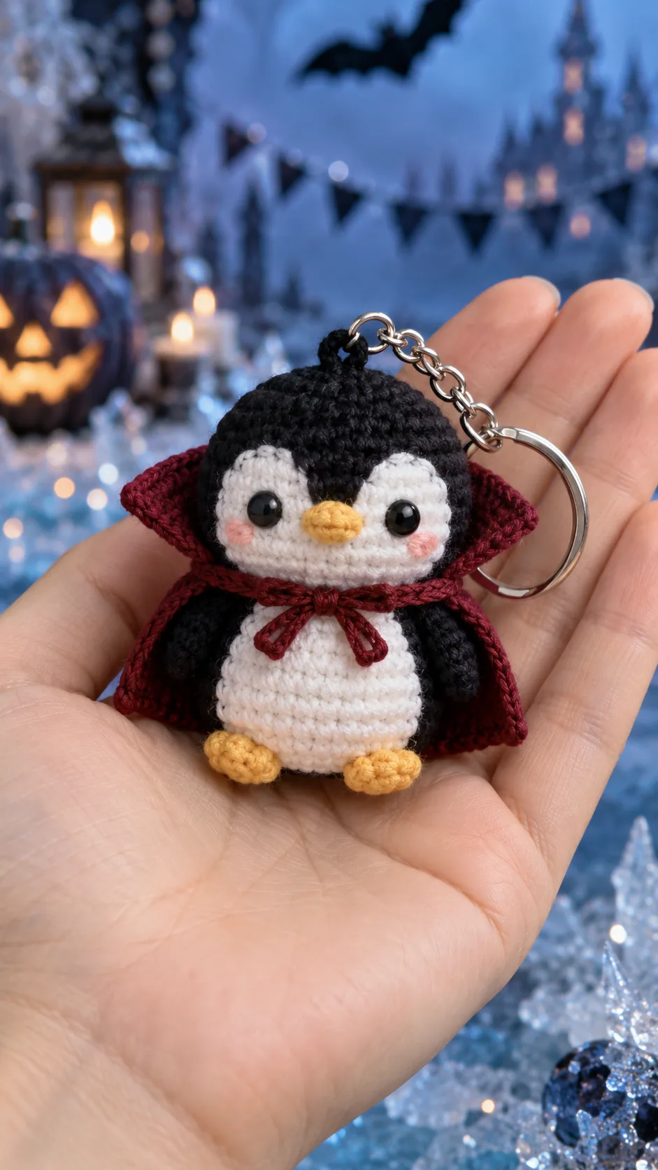 Crochet penguin keychain dressed as a vampire with black cape and burgundy red lining
