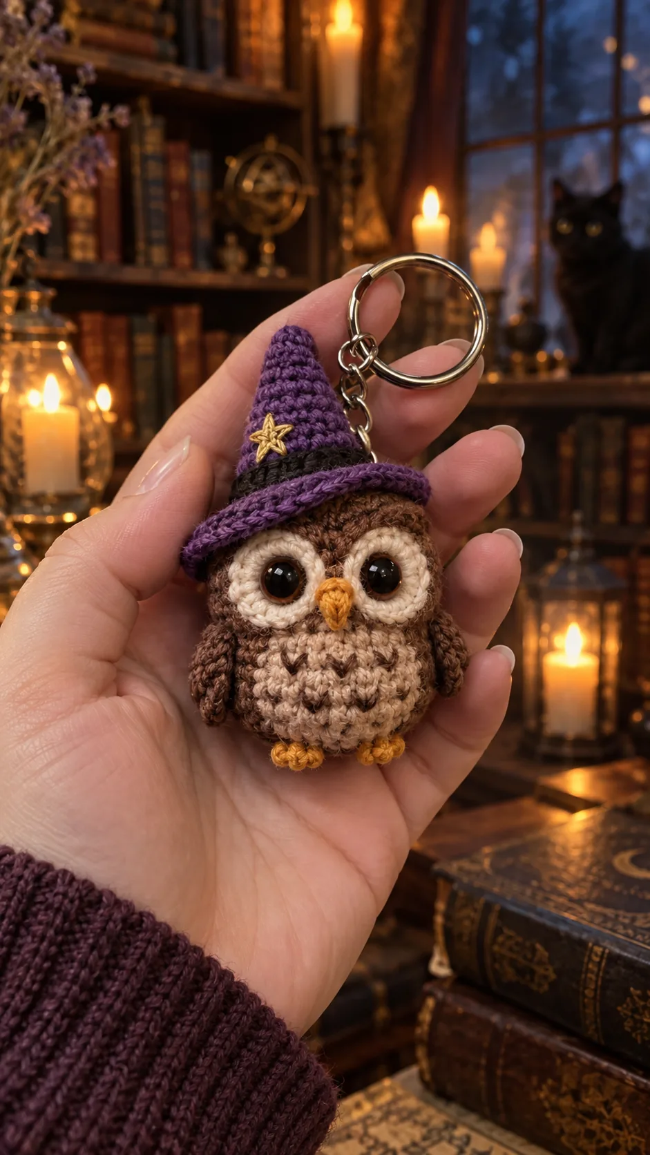 Crochet owl keychain in brown tones wearing a purple witch hat with a gold star, cozy library background