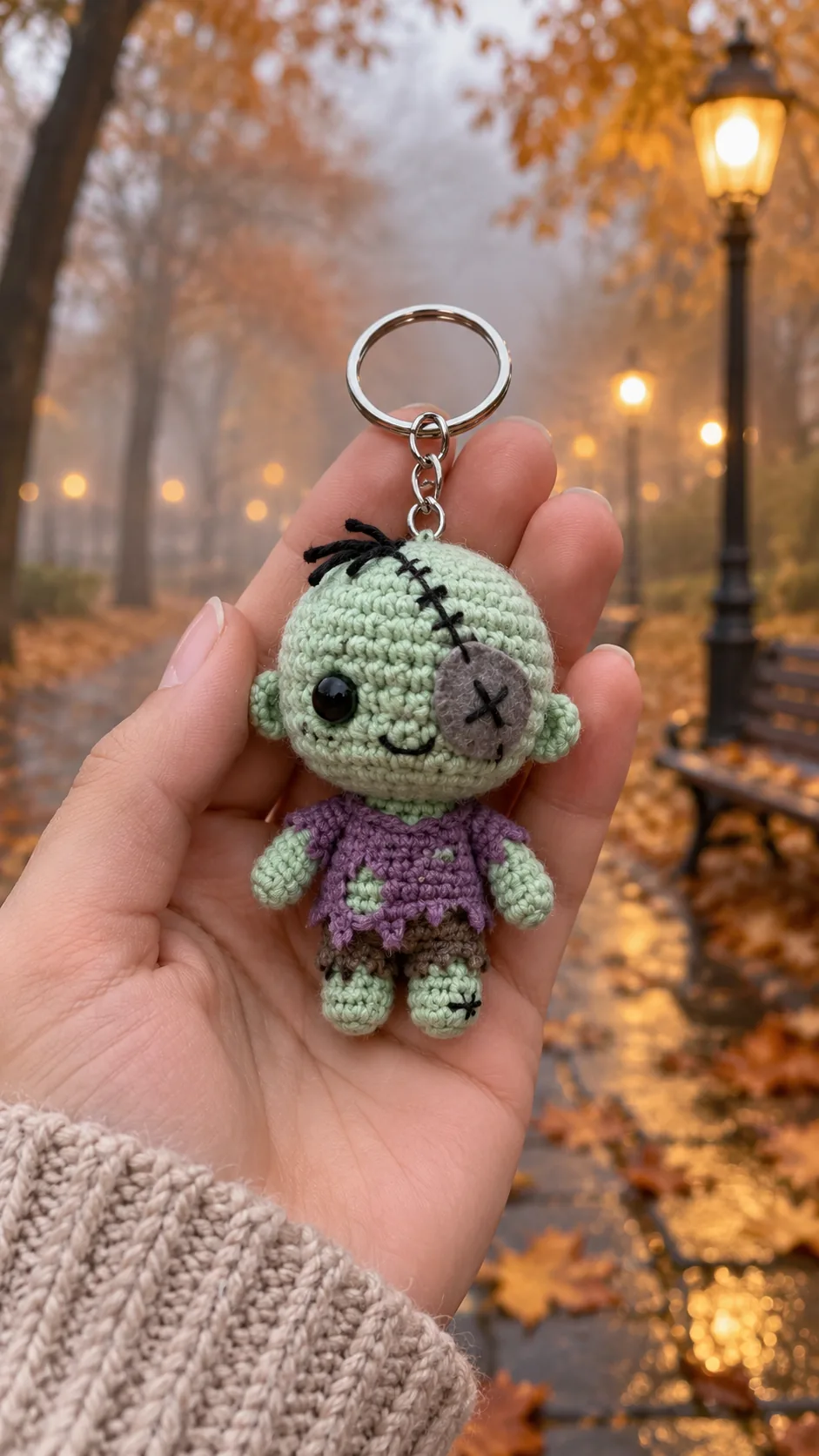 Crochet zombie keychain with mint green skin, stitched smile and purple shorts held on an autumn street