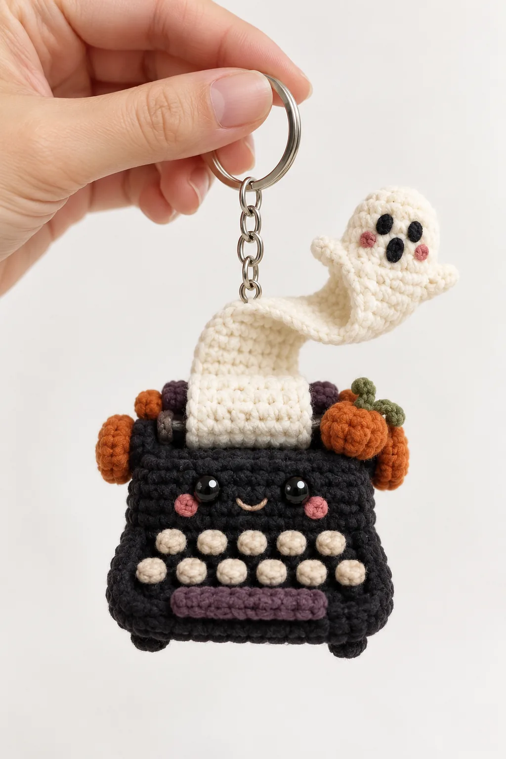Spooky cute typewriter with a ghost crochet Halloween keychain