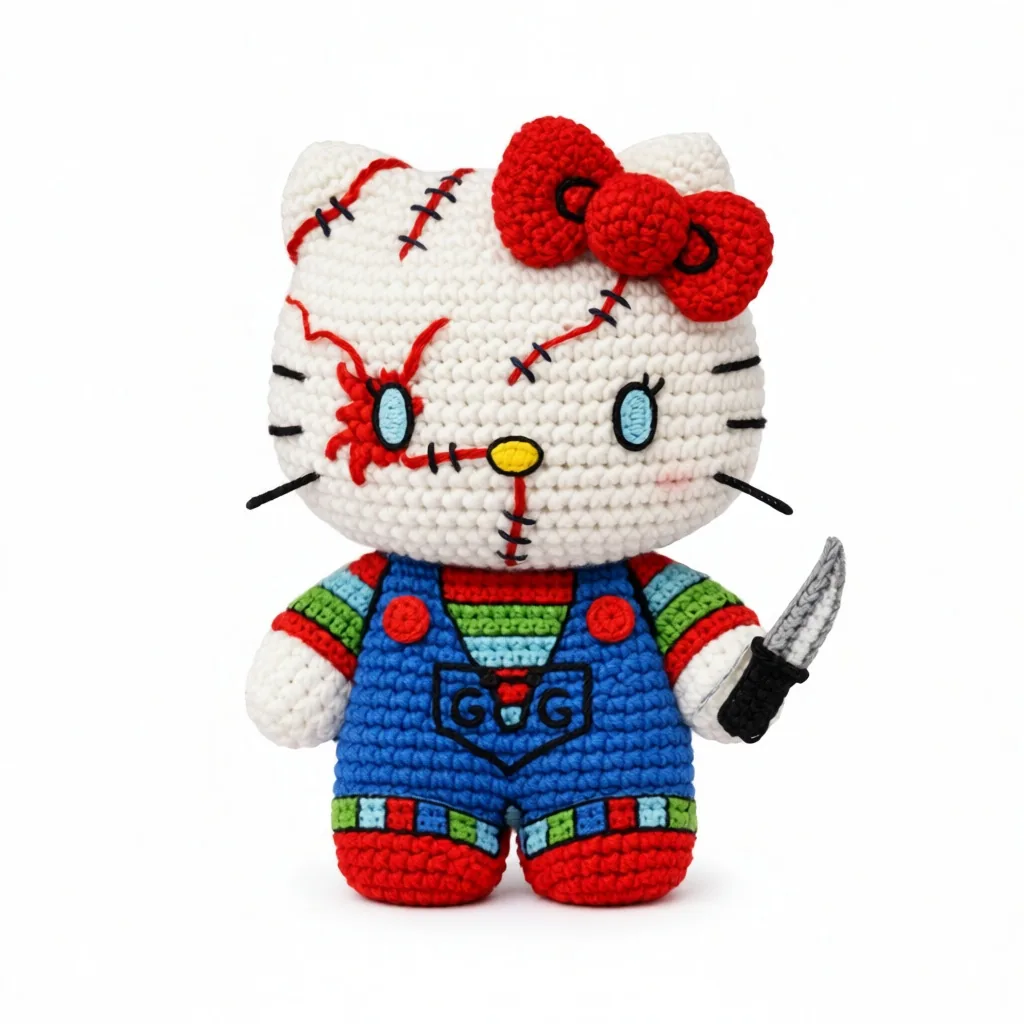 Crochet Hello Kitty Chucky doll with stitched face, striped shirt and blue overalls - horror Halloween amigurumi