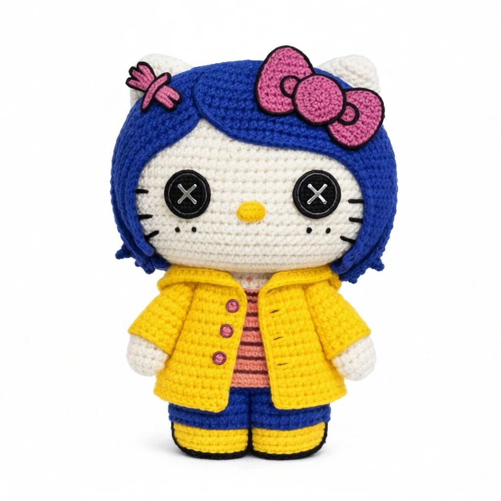 Crochet Hello Kitty Coraline doll with blue hair, button eyes and yellow raincoat - Halloween amigurumi