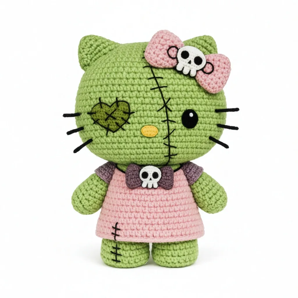 Crochet Hello Kitty Frankenstein doll with green skin, stitches and pink skull bow - spooky Halloween amigurumi idea