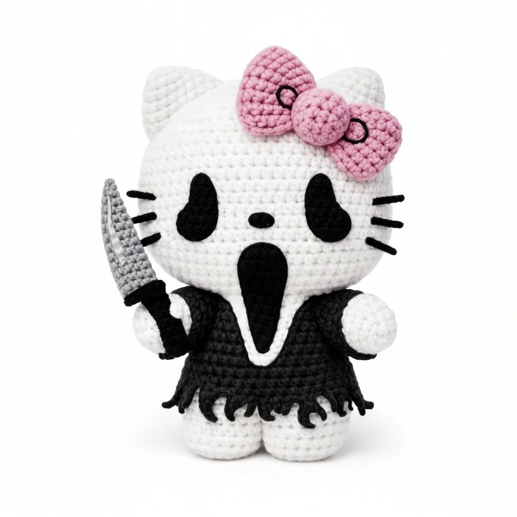 Crochet Hello Kitty Ghostface Scream doll with black hooded cloak and knife - Halloween horror amigurumi