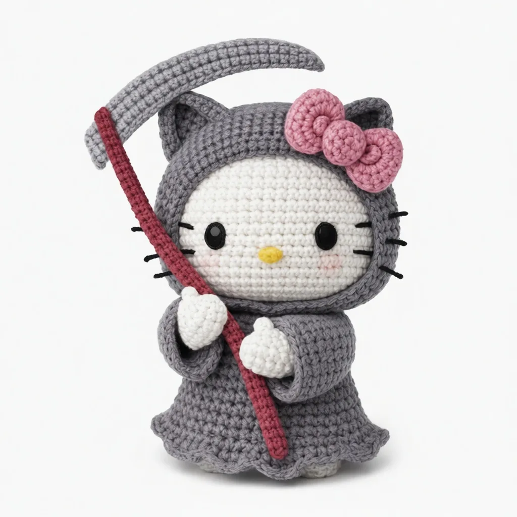 Crochet Hello Kitty grim reaper doll in gray hooded cloak holding scythe with pink bow - Halloween amigurumi