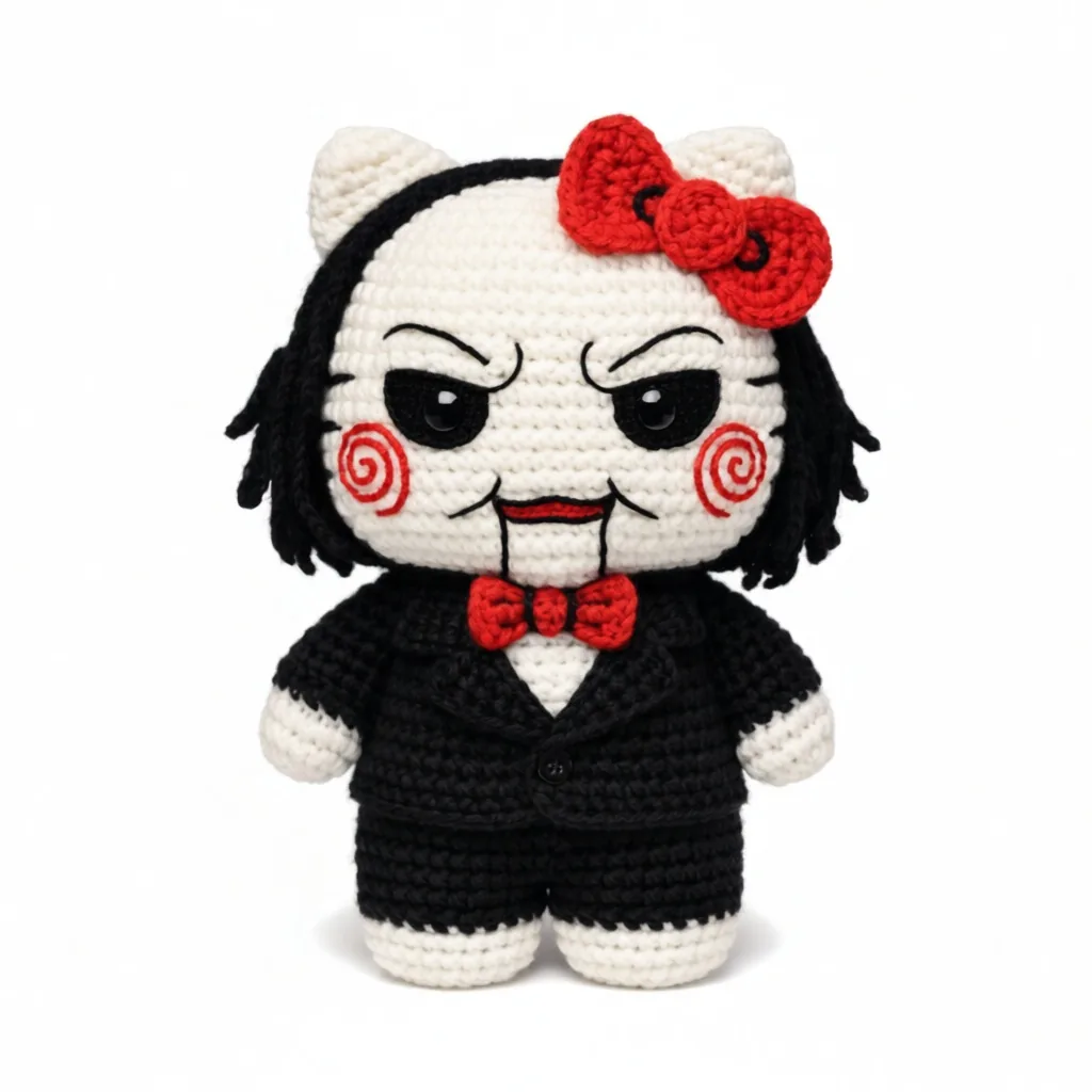 Crochet Hello Kitty Jigsaw inspired doll with black suit, red spiral cheeks and red bow - Halloween horror amigurumi